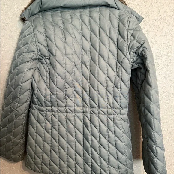 Eddie Bauer Sea Foam Gray Goose Down Quilted Puffer Jacket with Faux Fur Collar - Picture 6 of 8